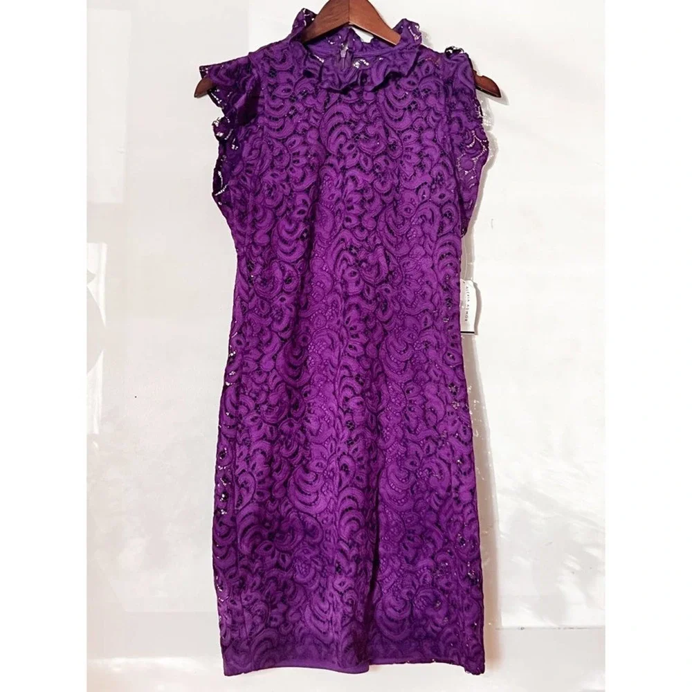NWT ALEXIA ADMOR Purple Lace Dress Cap Sleeve Above Knee Party Cocktail Women's - Picture 2 of 11
